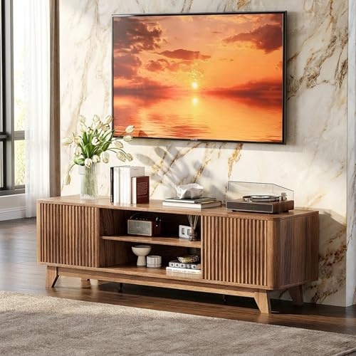 Bonnlo Wooden TV Stand Cabinet with Grille Doors - 149cm Walnut TV Unit with Adjustable Shelf for Living Room, Fits up to 70-Inch TVs