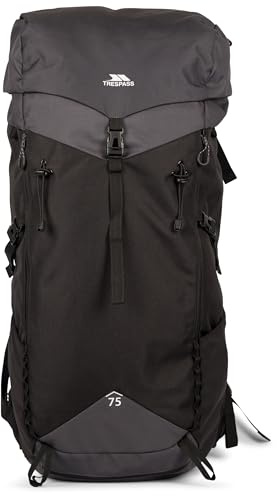 Trespass Wanderrucksack, 75 l, Pass 75 – Hauptfach mit Kordelzug, verstellbares Rückensystem, Spazierstocksystem, Trinkrucksystem, wasserdichter Regenschutz aus Stoff, 5000 mm, gepolsterte