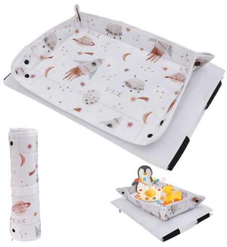 Airplane Tray Table Cover, Foldable Travel Tray Organizer with Clear Touchscreen Sleeve, 44x30cm Polyester Airplane Trays, Portable Plane Travel Essentials for Fits Train Bus High Chair(Rocket Style)