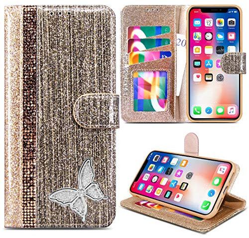 for iPhone 11 Pro Max Case, Luxury Butterfly Bling Glitter Leather Wallet Flip Case Cover for Apple iPhone 11 Pro Max (Gold)