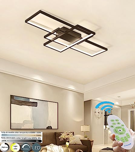 LED Deckenleuchte 65W LED Deckenlampe Wohnzimmer Dimmbar 3000K-6500K mit Fernbedienung Schlafzimmer Lampe Eckig Esszimmerlampe Led Flur Küchelampe Platz Aluminium Deko Kronleuchter L80cm (Schwarz1)