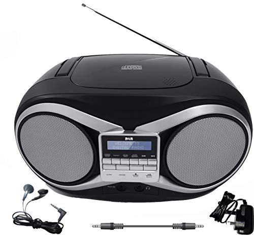 Stereo DAB Radio CD Boombox. Portable Compact CD Player. Alarm Clock DAB Radio Digital, FM Radio, Aux In Link Smart Phone or Tablet. Built in Speakers, Headphone Socket. Mains Electric or Battery, UK