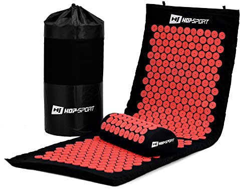 Hop-Sport Akupressur-Set XL extra Lange Akupressurmatte mit Kissen zur Entspannung, Stimulation und Meditation + Transporttasche (rot)