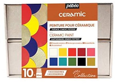 Pébéo Coffret Collection Ceramic Set de Peinture sur Verre, Céramique, Voile Blanc + Jaune Safran + Rouge Indien + Rose Clair + Bleu Clair + Cyan, 45 ml (Lot de 10)