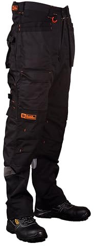 Black Hammer Mens Work Trousers Multi Pockets Cargo Heavy Duty Triple Stitched with Cordura Reinforcing Stress Points and Knee Pad Pockets Phenomenal Adult Workwear Trousers (28W / 31L) Black
