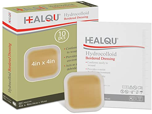 Healqu Apósito hidrocoloide para heridas - Bordeado de 4x4 - Caja de 10 vendajes grandes, abrasiones y más - Impermeable y absorbente con protección Estándar