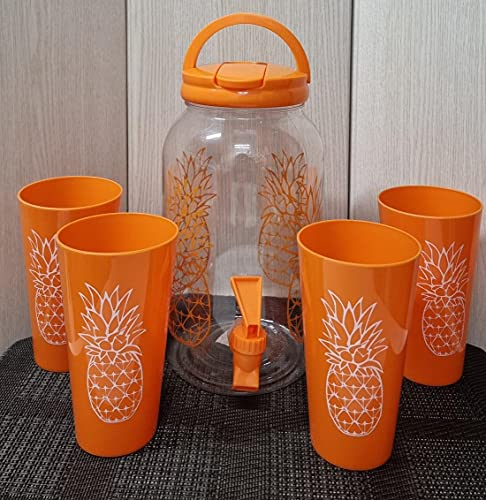 Set de distributeur de boissons froides avec robinet de 3,8 litres avec 4 gobelets réutilisables en plastique sans BPA. Carafe distributeur avec robinet de boissons en autoservice rouge
