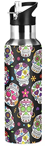 xigua Bouteille d'eau en acier inoxydable avec couvercle à paille à double paroi isotherme Motif tête de mort 590 ml