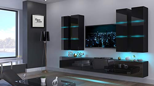 Furnitech Wohnwand Wohnzimmer | Wohnzimmer Möbel mit LED RGB - 16 Farben | Wohnwand Modern | Wohnzimmer Schrankwand mit Regale und TV Schrank (Future Malaga AN40-18HG-B1 1B | ohne Füße)