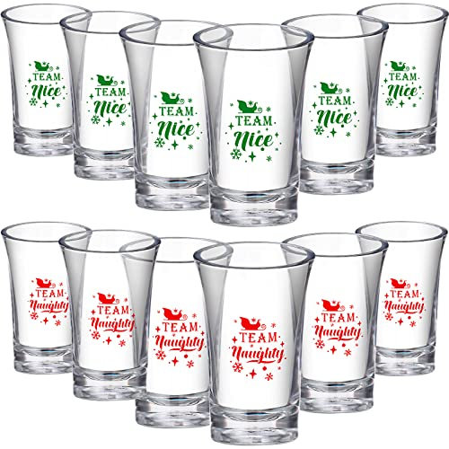Set of 12 Christmas Shot Glasses 1.2 oz Holiday Cocktail Glasses Acrylic Stemless Wineglass Party Cups for Drinking Gift - Green Red Team Naughty Team Nice Novelty