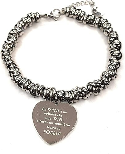 SiLo Bijoux Bracciale Vasco Rossi in Acciaio Intrecciato con Frase Dedica. Sacchetto Regalo in Omaggio. (LA VITA E' UN BRIVIDO CHE VOLA VIA, E' TUTTO IN EQUILIBRIO SOPRA LA FOLLIA)