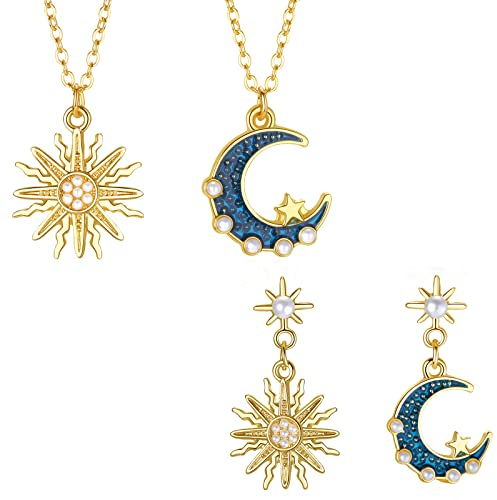 JewelryWe 4pcs Halskette Ohrringe Schmuck Set Damen Sonne Mond Anhänger Kette Asymmetrische Ohrstecker Ohrhänger Gold
