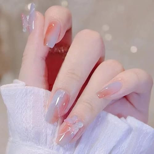 BSLVWG 24 ongles longs,faux - ongles papillons et perles en relief,faux - ongles adhésifs artificiels,faux - ongles pour femmes,faux - ongles acryliques et faux - ongles adhésifs pour femmes Art (02)