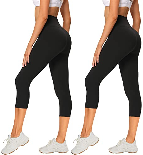 AMIYOYO 2er Pack Leggings Damen 3/4 High Waist Capri Leggins Blickdicht Kurze Sporthose Elastische Bauchweg Hosen für Yoga Fitness Outdoor Freizeit(CapriLeggings-Schwarz*2,L-XL=DE42-48)