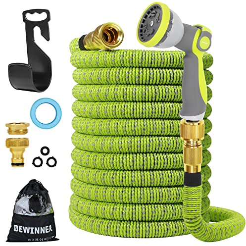Expandable Garden Hose, DEWINNER 100FT Water Spray Gun Pipe, Garden Water Hose, Includeing 10 Function Spray Gun Nozzle with 3/4''&1/2'' Solid Brass Fitting(100FT, Green)