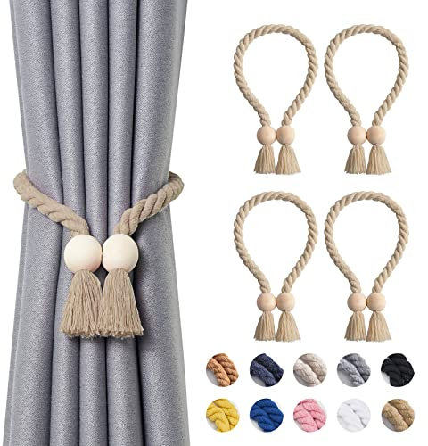 Pretty Jolly Ball magnetische Vorhang-Raffhalter aus Holz, Boho-Dekoration, Raffhalter, natürliche Baumwolle, handgewebt, für Fenstervorhänge für Zuhause und Büro, Dunkelbeige, 4 Stück