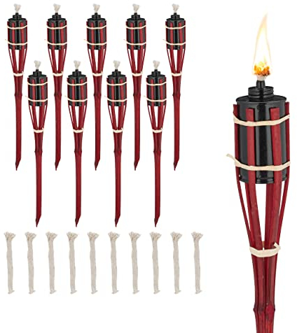 Relaxdays Antorchas Jardín Exterior Set 10, 50cm, Faroles Bambú Decoración Fiesta Patio, Mechas Recambio, Color Rojo, Hierro