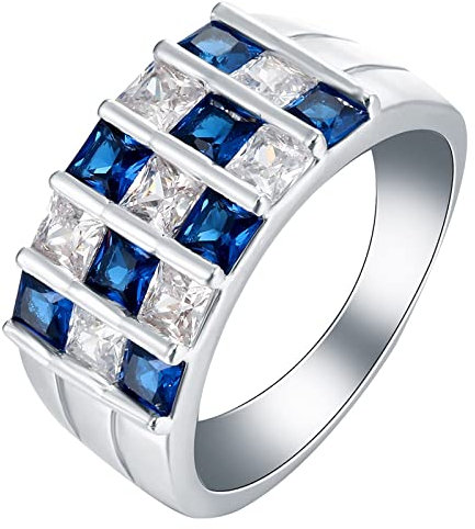 Damenring Viereckig, Ringe Personalisieren Silber Eheringe Form mit Dunkelblauem und Weißem Zirkonia 62 (19.7) Verlobungsring für Frauen