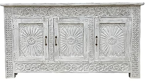 Sideboard Santo Indische Kommode aus Mangoholz im rustikalen Design Oriental Antik Weiß Whitewash 160 cm