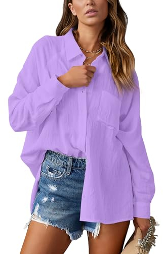 NONSAR Camicetta elegante da donna con scollo a V, a maniche lunghe, casual, con tasca, Viola, L