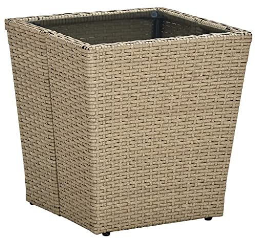 FIRBNUS Beistelltisch Beige 41,5 x 41,5 x 44 cm aus Polyrattan und gehärtetem Glas quadratischer Gartentisch quadratischer Couchtisch Kaffeetisch Glastisch Rattan Outdoor Bistrotisch