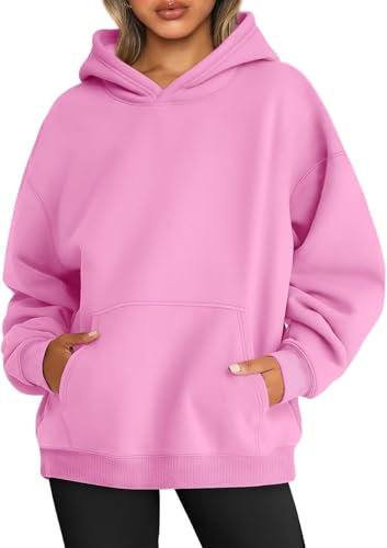 WINKEEY Women's Oversized Hoodies Fleece Sweatshirts Casual Long Sleeve Solid Basic Pullovers Top, Pink S