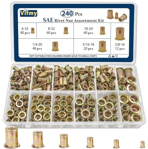 Vifmy SAE Rivet Nut Assortment Kit(240Pcs), #6-32#8-32#10-24 1/4-20 5/16-18 3/8-16 UNC Rivnut Threaded Insert Nut Set, Zinc Plated Finish Carbon Steel Nutsert