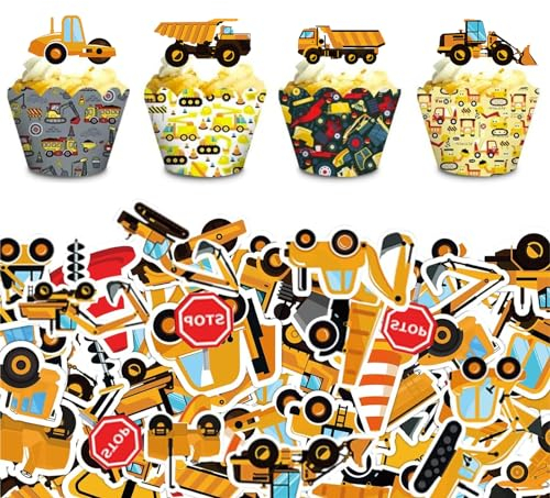 Baufahrzeug Cupcake Topper, 64 Stück Klebreispapier Essbar Torten Deko Baustelle Muffin Cake Topper Tortendeko Cupcake Deko für Kinder Geburtstag