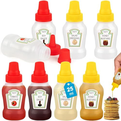SYOZPXY 8Pcs Mini Ketchup Squeeze Bottles, 25ml Portable Sauce Bottles, Reusable Soy Sauce, Honey, Salad Dressing Containers for Kids, Adults Camping, Picnics