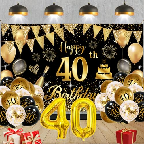 40. Geburtstag Deko, Deko 40 Geburtstag Männer Frauen, Groß Banner und Schwarz Gold für Frau Mann