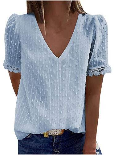 Camisetas Manga Corta Mujer Encaje Elegant,Camiseta Blanca Mujer Camisetas Mujer Verano 2024 Elegantes de Cuello en Pico T-Shirt Moda Color Sólido Blusa Casual Ligera Multicolor Tops