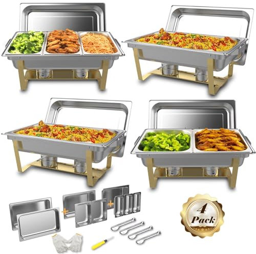 Festa Essential Chafing Dishes für Buffet, 8 QT, elegant, goldfarben und silberfarben, Edelstahl, rechteckig, Catering, Speisenwärmer mit voller, halber, 1/3 Lebensmittelpfanne, Brennstoffhalter,