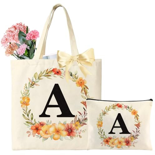 Wzczf Initialen Einkaufstasche,faltbar Tragetasche und Kosmetiktasche,Canvas Stoffbeutel, Baumwolltasche für Schwester Freundin Mama Geburtstag,Hochzeit, Junggesellinnenabschied Geschenk(A)