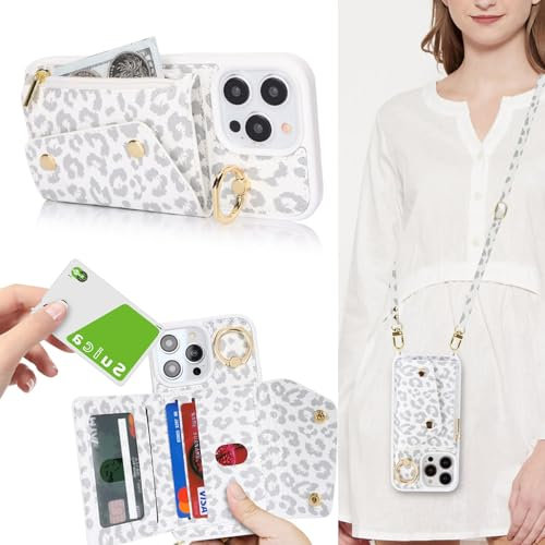 Zouzt for iPhone 15 Pro Max Case with Card Holder and Strap, Card Slots Zipper Wallet Phone Case PU Leather Crossbody Lanyard Drop Protection Cover for iPhone 15 Pro Max 6.7 inch - White Leopard