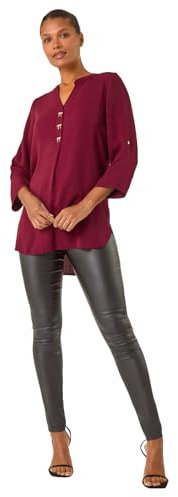 Roman Originals Shirt for Women UK Ladies Longline Top Collarless Blouse Smart Tunic Casual Evening Relaxed Fit 3/4 Length Sleeve Notch V Neck Long - Red Wine - Size 10