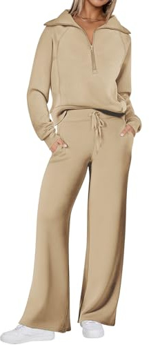 REORIA Damen Baumwolle Reißverschluss Revers Trainingsanzug Jogginganzug Zweiteiler Elegant Langarm Hausanzug Sport Set Lounge Set