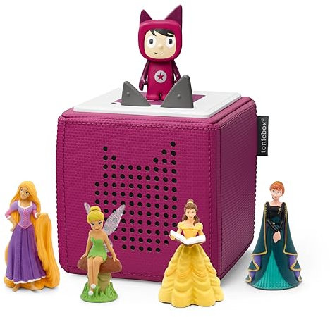 Toniebox Extrapack – Toniebox Starterset Beere mit Kreativtonie + 4 x Disney Heldinnen Hörfiguren, Audioplayer für Hörbücher und Lieder, kabellose Musikbox mit Disney Hörspiel