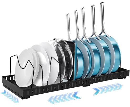 Wusboo Organizador Sartenes, Organizador Sartenes y Ollas Cajon Extraíble con 12 Separadores Ajustables, Soporte Sartenes, Kitchen Organizer para Guardar Utensilios de Cocina, Sartene