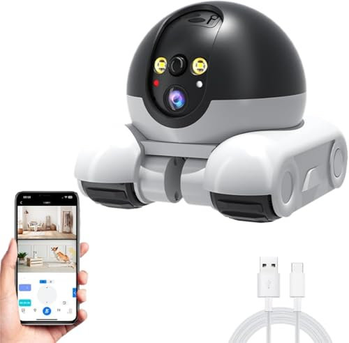 bjlysk Robot Camera on Wheels with 2MP Dual Lenses, Remote Control Moving for Home Security, 2-Way Talk 1080P WiFi, 360°/T 90° Rotation, Night Vision, Treat for Dogs/Cats