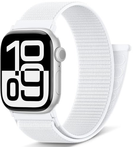 AMSKY Nylon Sport Loop Band Kompatibel mit Apple Watch Armband 40mm 42mm 46mm 44mm 45mm 41mm 38mm 49mm, Damen Herren Original Design für iWatch Series 10 9 8 7 6 5 4 3 2 1 SE Ultra, Weiß