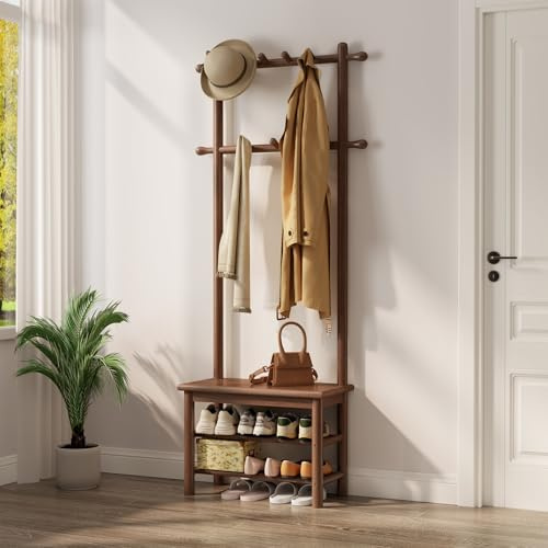 AQIMUELE Garderobenständer, Garderobe, mit Schuhbank, 3-in-1 Design, 11 Haken, Kleiderständer, Eingangsbereich, Flur, 30 x 60 x 170 cm, modern, Walnussbraun