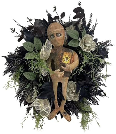 GIWFBQTR Halloween Mummy Wreath Indoor Outdoor Wall Hanging Front Door Welcome Sign Porch Decorations 19.7X15.7Inch