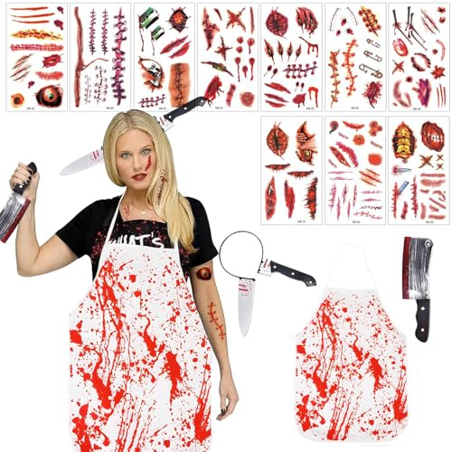Efymosce Halloween Schlächter Kostüm, Metzger Kostüm Herren & Damen, Horror-Accessoires mit Blutige Schürze, Blutige Haarschmuck, Messer, Zombie Scars Tattoo für Damen Herren