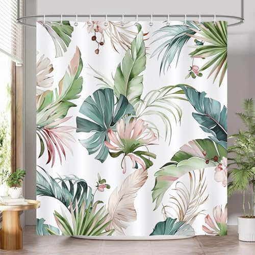 COZZSNUGE Cortina de Ducha Plantas Tropicales, Cortina de Baño Hoja de Palma Acuarela Planta Rosa Verde 180 x 180 cm Poliéster Impermeable Resistente al Moho con 12 Ganchos