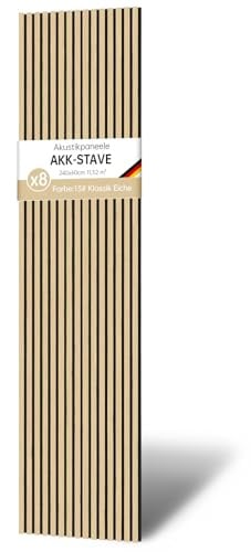 Akustikpaneele Holz 240x60 cm (8er-Set 11,52 m²) - Akustik Paneele & Holzpaneele Wand für Schallschutz | 3D Paneele Wand als Wandverkleidung Innen für Wohnzimmer & Büro(Klassik Eiche)