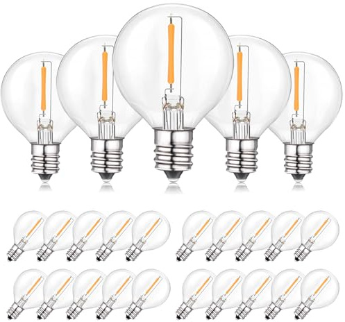 Spacelumen ampoules LED G40 de rechange 1W culot E12/C7 2200K Lot de 25 | petites ampoules en verre à culot à vis, blanc chaud, ampoules Edison pour guirlandes lumineuses d'intérieur et d'extérieur