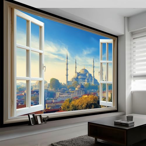 Stadtbild Fototapete Vliestapete B200 x H140 cm, Burg Architektur Pflanzen Wandkunst Tapeten Wandbilder Fototapete - XXL Moderne Wandtapete Wohnzimmer Schlafzimmer Büro Dekoration
