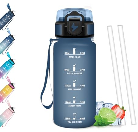 Mulbijeo Gourde Paille, Étanches, Bouteille 500ml, Portable, Bouteille d'eau Sans BPA, Échelle de Temps, Gourde Graduée pour 1 Journee pour Gym, Ecole, Cyclisme, Plein Air, Sport