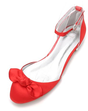 WSMYBLQ Women's Satin Ankle Strap Ballet Flats Round Toe Wedding Shoes Bow 0.7 Low Heel Party Dress Pumps for Bridal, Red, 10 UK
