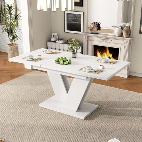PUGSDRLY Table à Manger Rectangulaire, Table de Cuisine Blanche avec Espace de Rangement, Moderne Simple, pour Salle à Manger, Cuisine (120/160 x 80 x 75.5cm)
